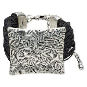 Modern Art Designer Statement Bracelet Antiqued Silver Carved Square on Black